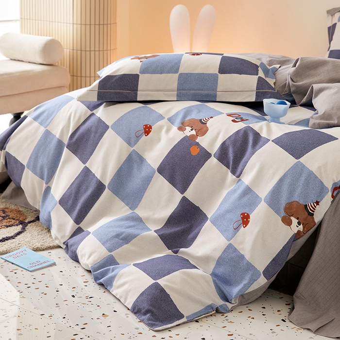 91家纺网 家纺一手货源 找家纺 梧桐树 2025新款100%全棉纯棉磨毛四件套-小清新系列 K02顽皮狗-蓝