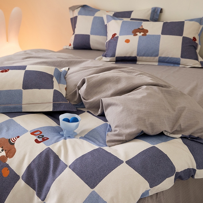 91家纺网 家纺一手货源 找家纺 梧桐树 2025新款100%全棉纯棉磨毛四件套-小清新系列 K02顽皮狗-蓝