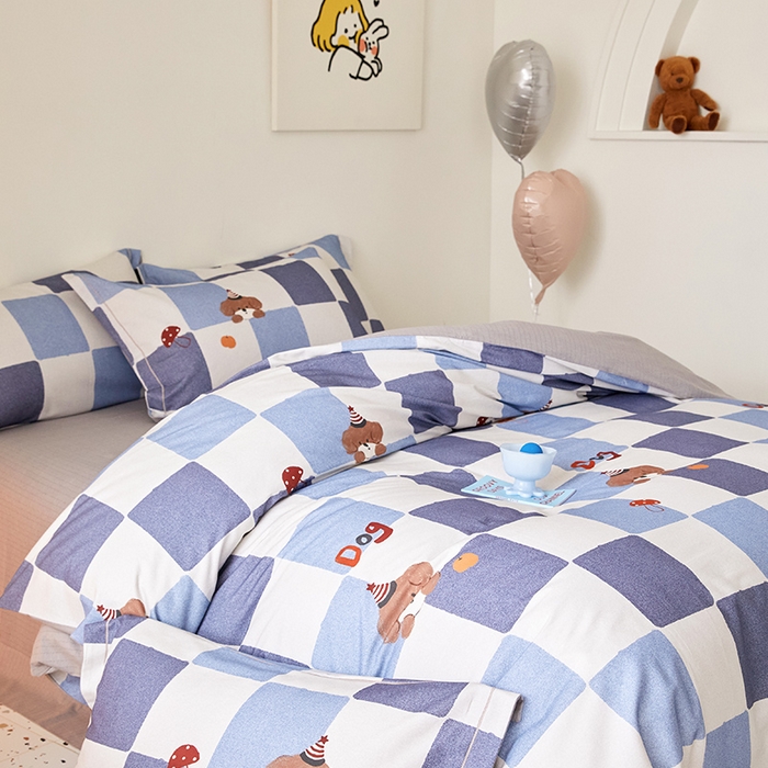 91家纺网 家纺一手货源 找家纺 梧桐树 2025新款100%全棉纯棉磨毛四件套-小清新系列 K02顽皮狗-蓝