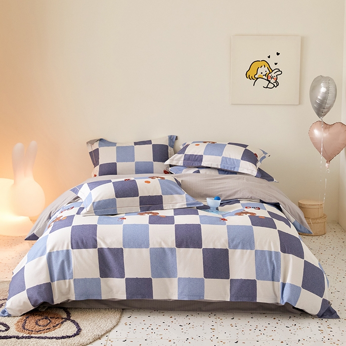 91家纺网 家纺一手货源 找家纺 梧桐树 2025新款100%全棉纯棉磨毛四件套-小清新系列 K02顽皮狗-蓝