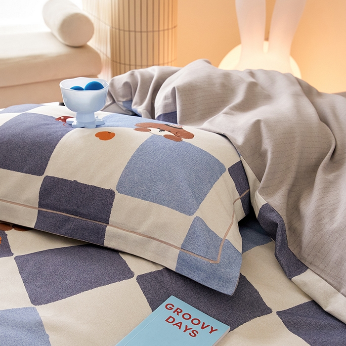 91家纺网 家纺一手货源 找家纺 梧桐树 2025新款100%全棉纯棉磨毛四件套-小清新系列 K02顽皮狗-蓝