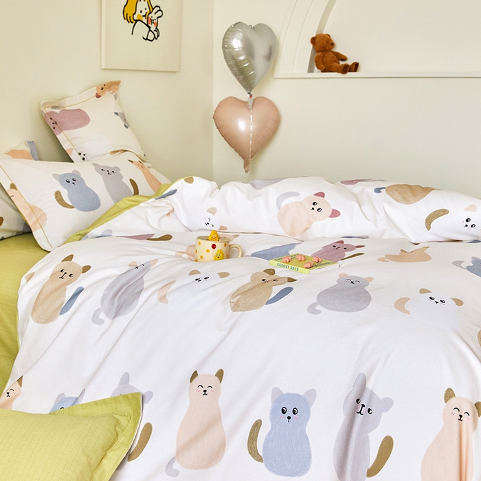 91家纺网 家纺一手货源 找家纺 梧桐树 2025新款100%全棉纯棉磨毛四件套-小清新系列 K03喵星人