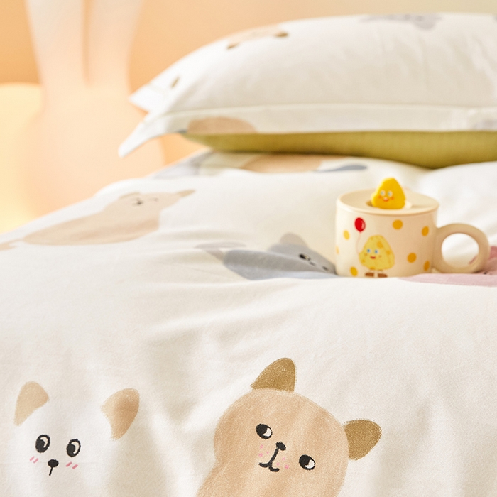 91家纺网 家纺一手货源 找家纺 梧桐树 2025新款100%全棉纯棉磨毛四件套-小清新系列 K03喵星人