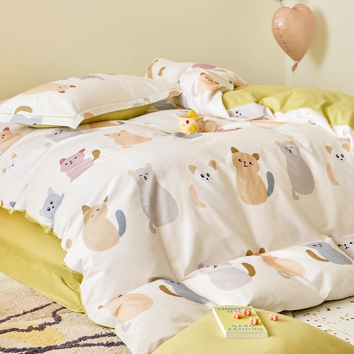 91家纺网 家纺一手货源 找家纺 梧桐树 2025新款100%全棉纯棉磨毛四件套-小清新系列 K03喵星人