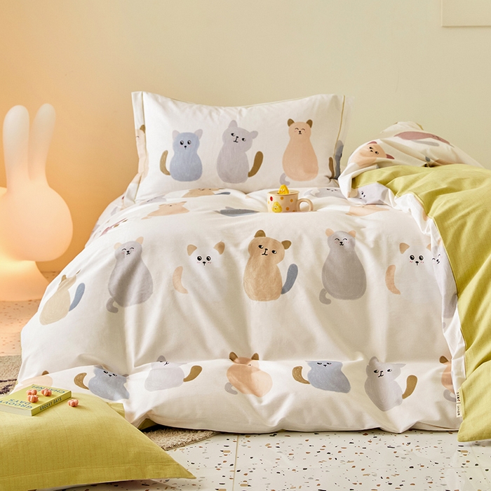 91家纺网 家纺一手货源 找家纺 梧桐树 2025新款100%全棉纯棉磨毛四件套-小清新系列 K03喵星人