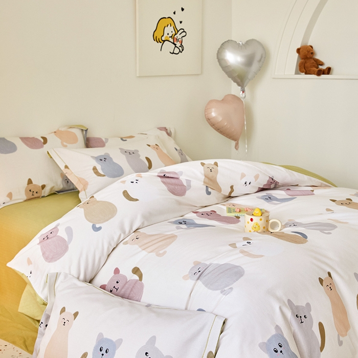 91家纺网 家纺一手货源 找家纺 梧桐树 2025新款100%全棉纯棉磨毛四件套-小清新系列 K03喵星人