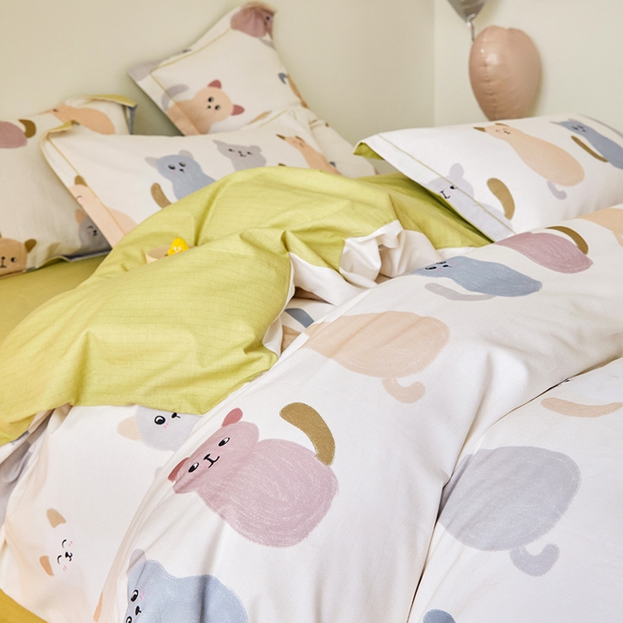 91家纺网 家纺一手货源 找家纺 梧桐树 2025新款100%全棉纯棉磨毛四件套-小清新系列 K03喵星人