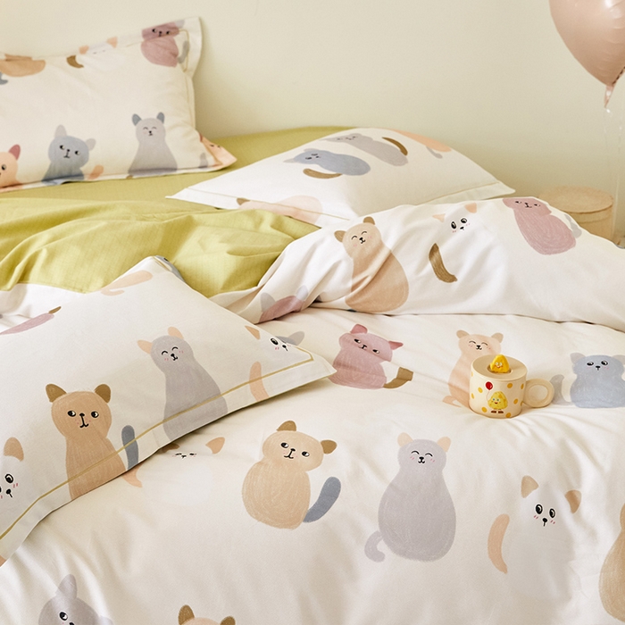 91家纺网 家纺一手货源 找家纺 梧桐树 2025新款100%全棉纯棉磨毛四件套-小清新系列 K03喵星人