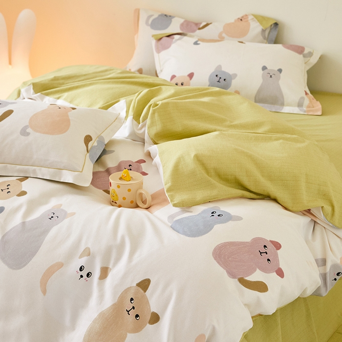 91家纺网 家纺一手货源 找家纺 梧桐树 2025新款100%全棉纯棉磨毛四件套-小清新系列 K03喵星人