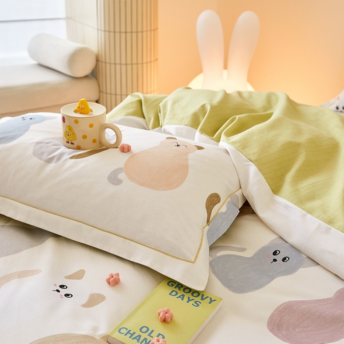 91家纺网 家纺一手货源 找家纺 梧桐树 2025新款100%全棉纯棉磨毛四件套-小清新系列 K03喵星人