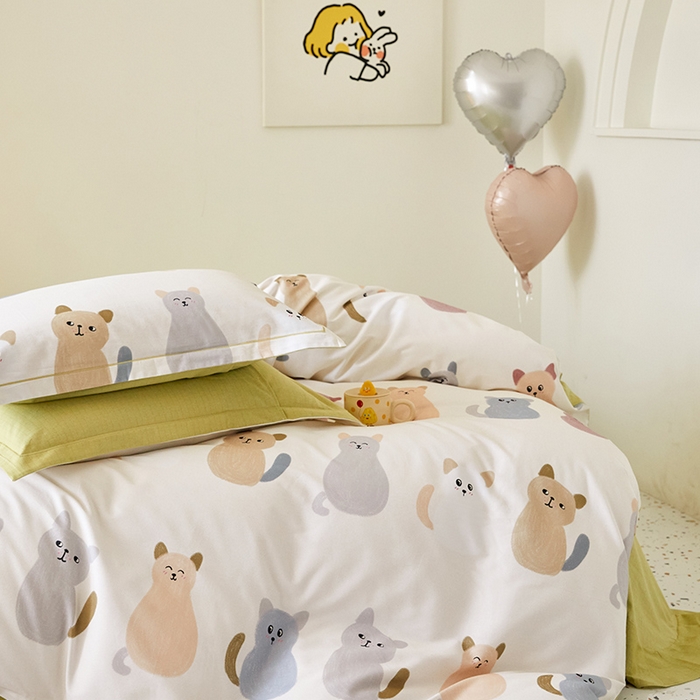 91家纺网 家纺一手货源 找家纺 梧桐树 2025新款100%全棉纯棉磨毛四件套-小清新系列 K03喵星人