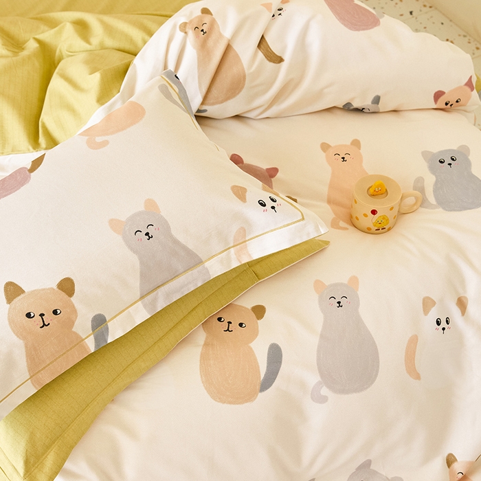 91家纺网 家纺一手货源 找家纺 梧桐树 2025新款100%全棉纯棉磨毛四件套-小清新系列 K03喵星人