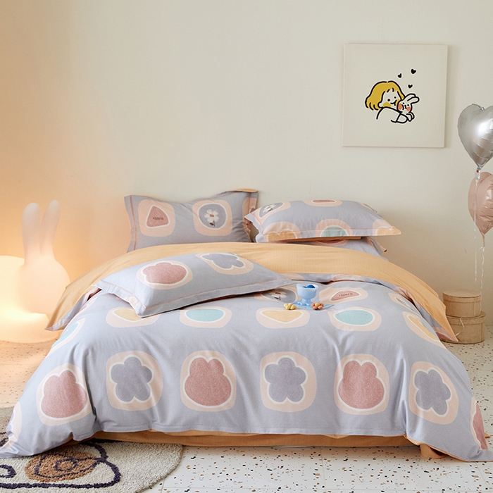 91家纺网 家纺一手货源 找家纺 梧桐树 2025新款100%全棉纯棉磨毛四件套-小清新系列 K05艾瑞-灰