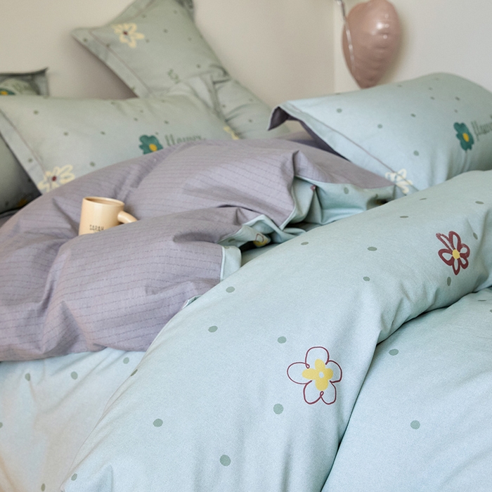 91家纺网 家纺一手货源 找家纺 梧桐树 2025新款100%全棉纯棉磨毛四件套-小清新系列 K06波点花花