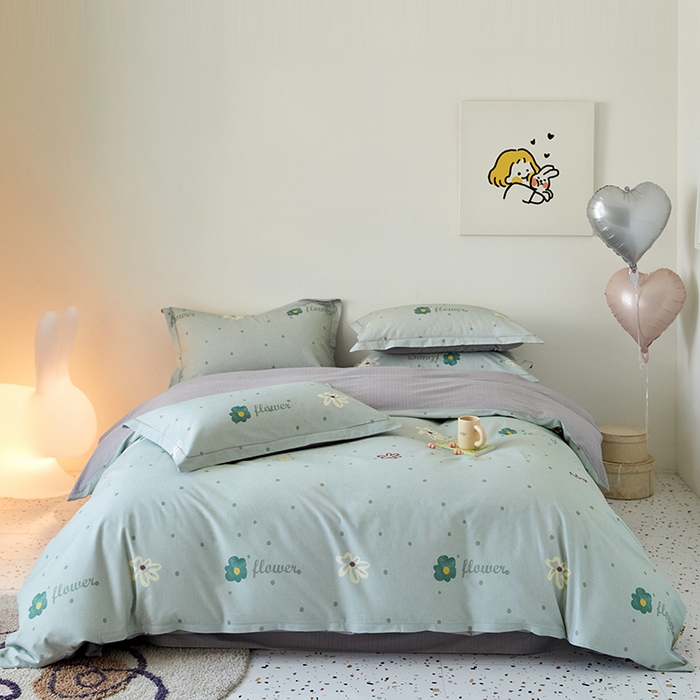 91家纺网 家纺一手货源 找家纺 梧桐树 2025新款100%全棉纯棉磨毛四件套-小清新系列 K06波点花花