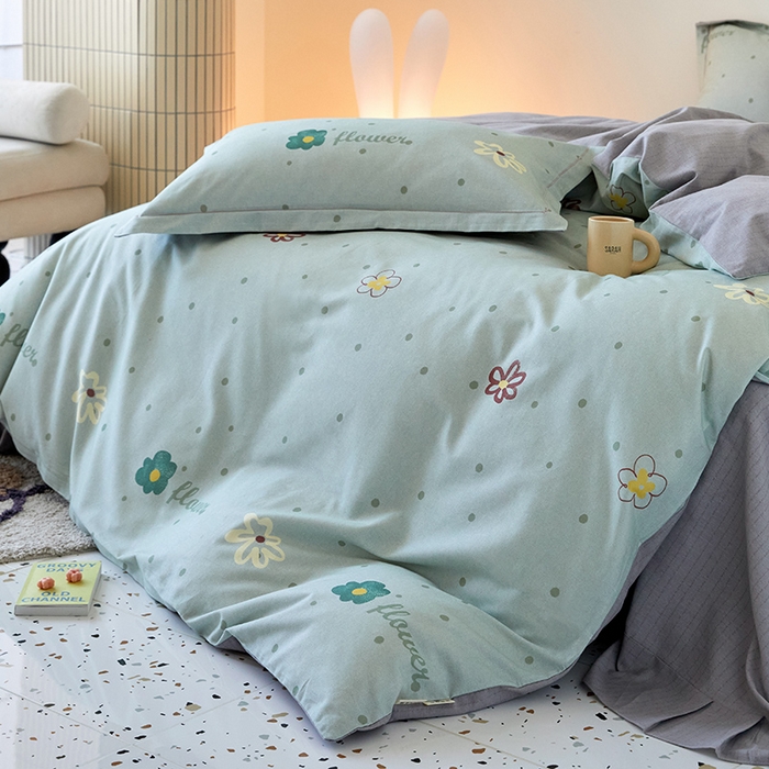 91家纺网 家纺一手货源 找家纺 梧桐树 2025新款100%全棉纯棉磨毛四件套-小清新系列 K06波点花花