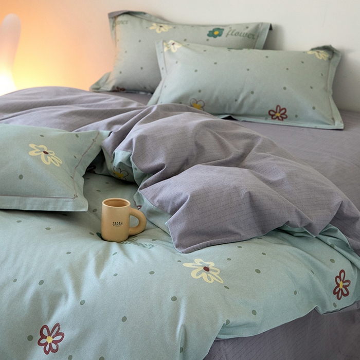 91家纺网 家纺一手货源 找家纺 梧桐树 2025新款100%全棉纯棉磨毛四件套-小清新系列 K06波点花花