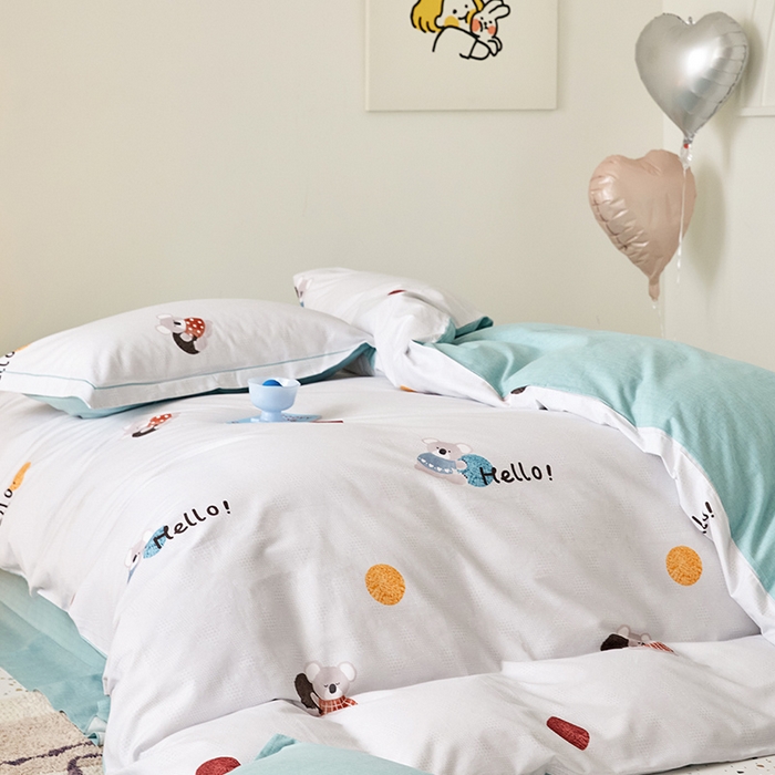 91家纺网 家纺一手货源 找家纺 梧桐树 2025新款100%全棉纯棉磨毛四件套-小清新系列 K07树袋熊