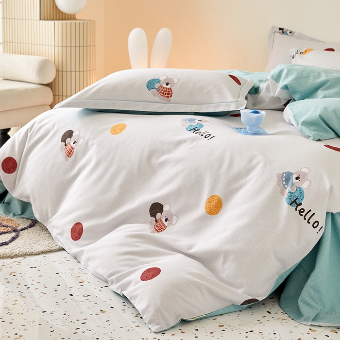 91家纺网 家纺一手货源 找家纺 梧桐树 2025新款100%全棉纯棉磨毛四件套-小清新系列 K07树袋熊