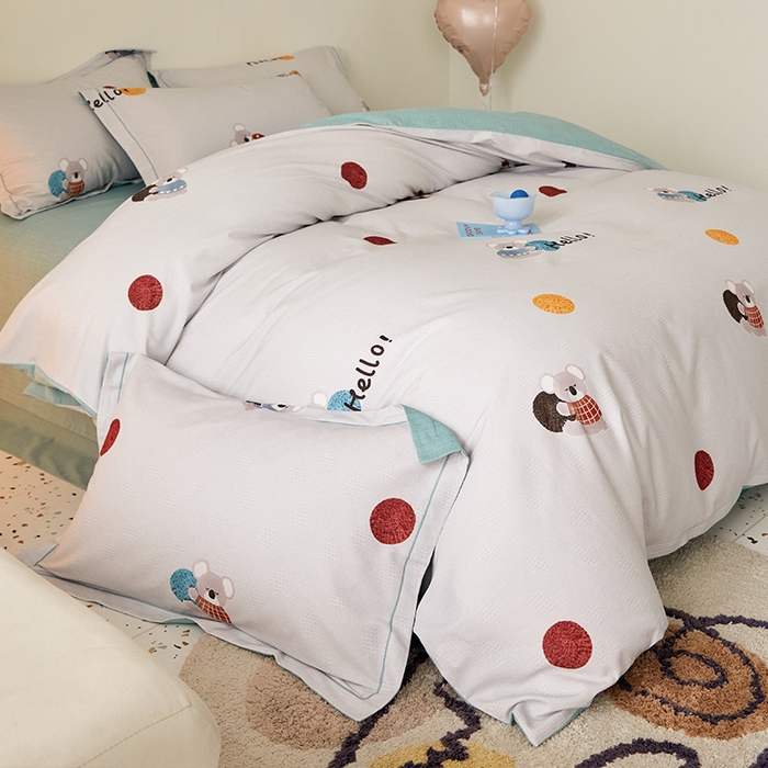 91家纺网 家纺一手货源 找家纺 梧桐树 2025新款100%全棉纯棉磨毛四件套-小清新系列 K07树袋熊