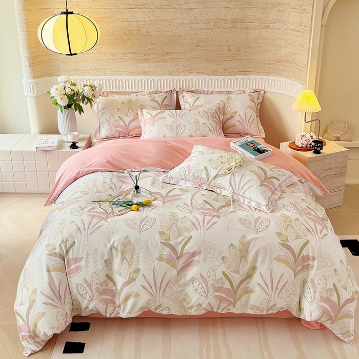 梧桐树 2025新款全棉100%棉磨毛花卉简约系列四件套 麦吉粉