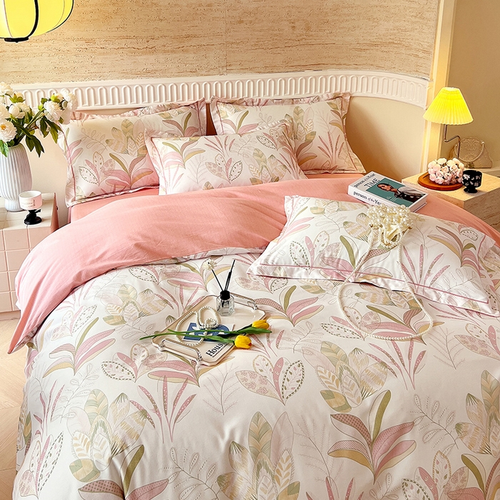 91家纺网 家纺一手货源 找家纺 梧桐树 2025新款全棉100%棉磨毛花卉简约系列四件套 麦吉粉