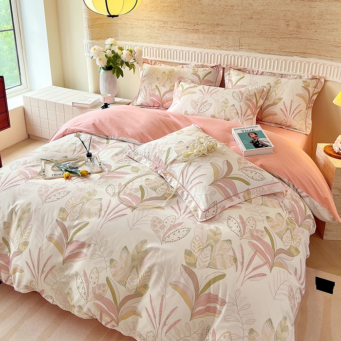 91家纺网 家纺一手货源 找家纺 梧桐树 2025新款全棉100%棉磨毛花卉简约系列四件套 麦吉粉