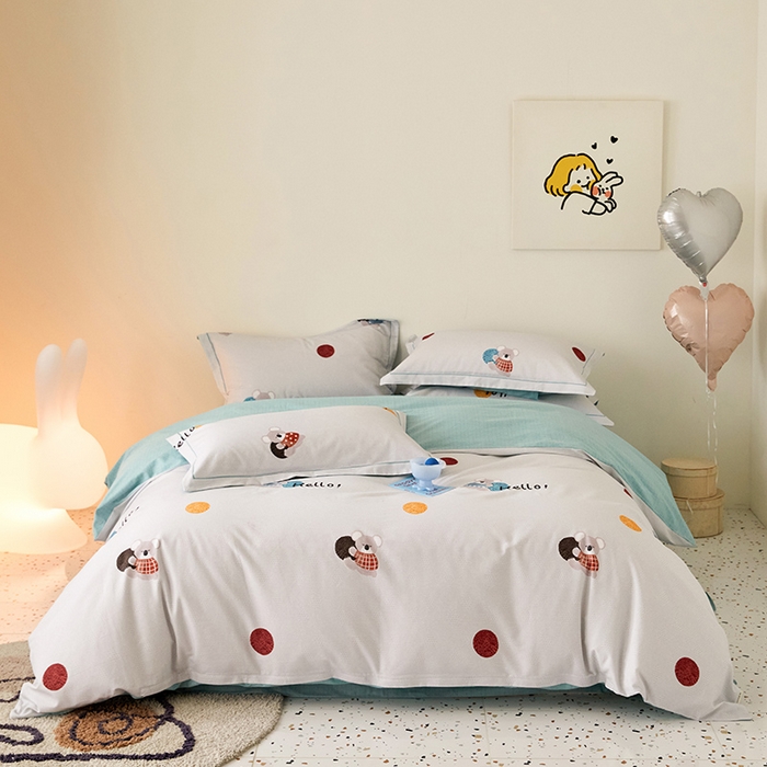 91家纺网 家纺一手货源 找家纺 梧桐树 2025新款100%全棉纯棉磨毛四件套-小清新系列 K07树袋熊