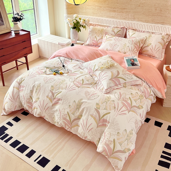 91家纺网 家纺一手货源 找家纺 梧桐树 2025新款全棉100%棉磨毛花卉简约系列四件套 麦吉粉