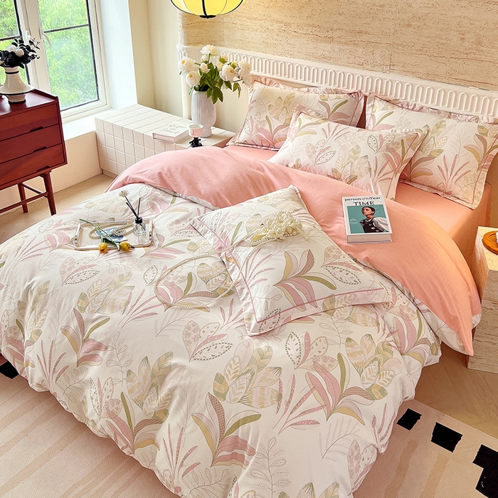 91家纺网 家纺一手货源 找家纺 梧桐树 2025新款全棉100%棉磨毛花卉简约系列四件套 麦吉粉