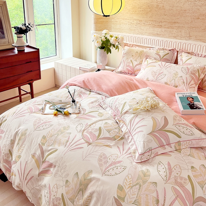 91家纺网 家纺一手货源 找家纺 梧桐树 2025新款全棉100%棉磨毛花卉简约系列四件套 麦吉粉