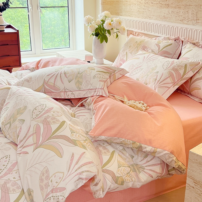 91家纺网 家纺一手货源 找家纺 梧桐树 2025新款全棉100%棉磨毛花卉简约系列四件套 麦吉粉