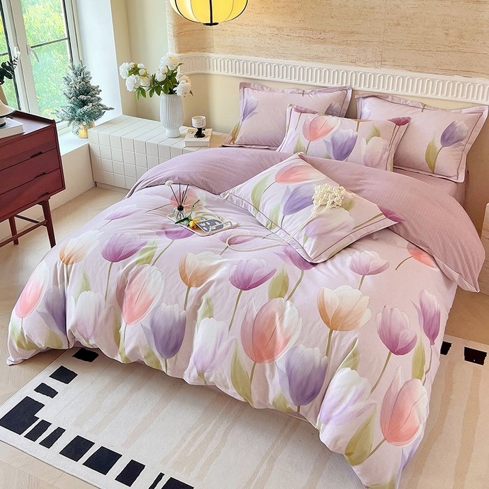 91家纺网 家纺一手货源 找家纺 梧桐树 2025新款全棉100%棉磨毛花卉简约系列四件套 春日来信