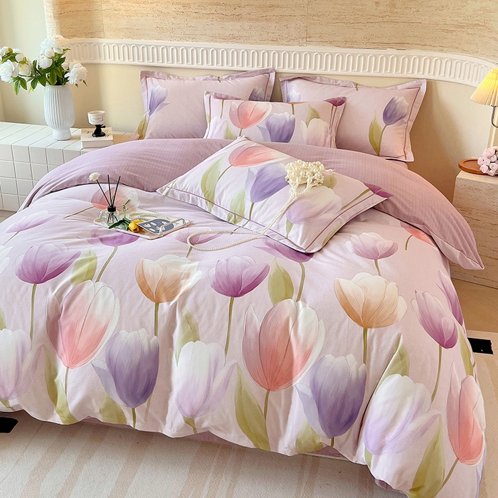 91家纺网 家纺一手货源 找家纺 梧桐树 2025新款全棉100%棉磨毛花卉简约系列四件套 春日来信