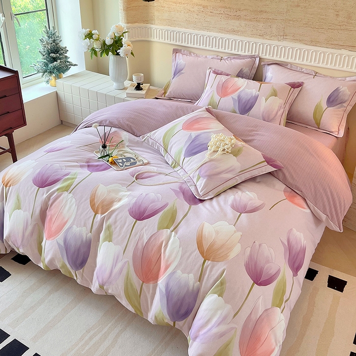 91家纺网 家纺一手货源 找家纺 梧桐树 2025新款全棉100%棉磨毛花卉简约系列四件套 春日来信