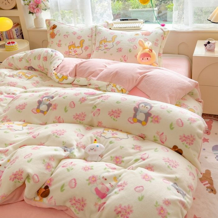 91家纺网 家纺一手货源 找家纺 （总）丝羽坊 2025新款200克加厚小清新牛奶绒床单款 床笠款四件套 被套