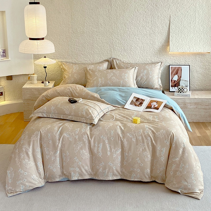 梧桐树 2025新款全棉100%棉磨毛花卉简约系列四件套 蝴蝶-咖