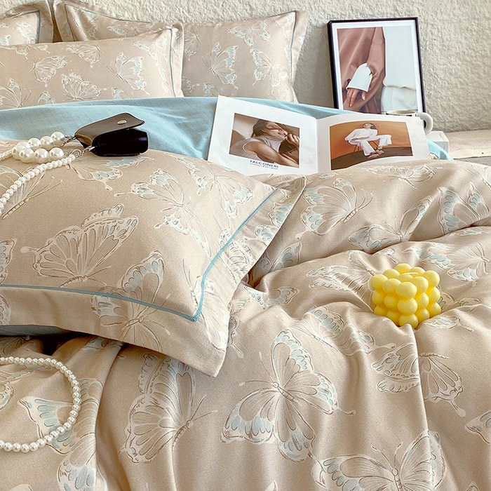 91家纺网 家纺一手货源 找家纺 梧桐树 2025新款全棉100%棉磨毛花卉简约系列四件套 蝴蝶-咖