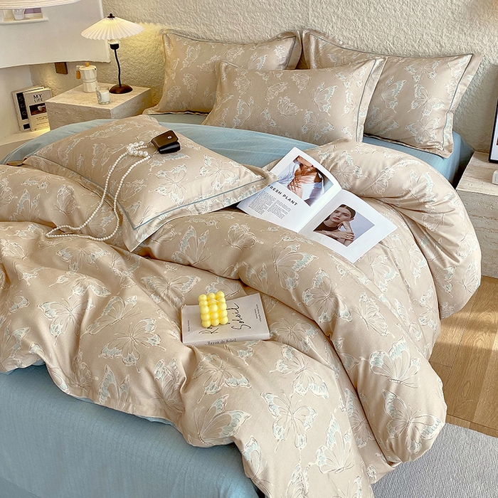 91家纺网 家纺一手货源 找家纺 梧桐树 2025新款全棉100%棉磨毛花卉简约系列四件套 蝴蝶-咖