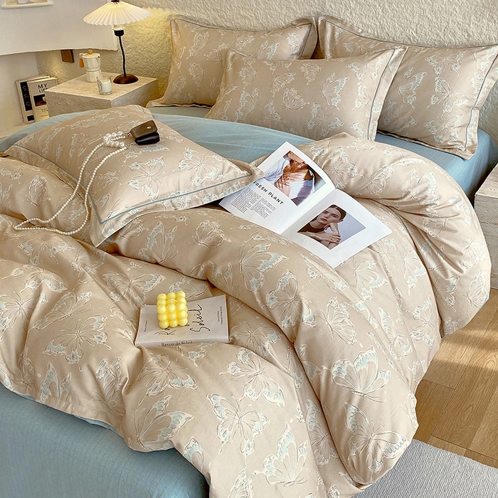 91家纺网 家纺一手货源 找家纺 梧桐树 2025新款全棉100%棉磨毛花卉简约系列四件套 蝴蝶-咖