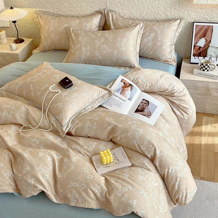 91家纺网 家纺一手货源 找家纺 梧桐树 2025新款全棉100%棉磨毛花卉简约系列四件套 蝴蝶-咖