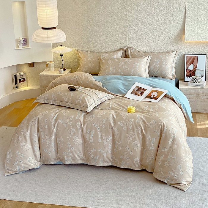 91家纺网 家纺一手货源 找家纺 梧桐树 2025新款全棉100%棉磨毛花卉简约系列四件套 蝴蝶-咖