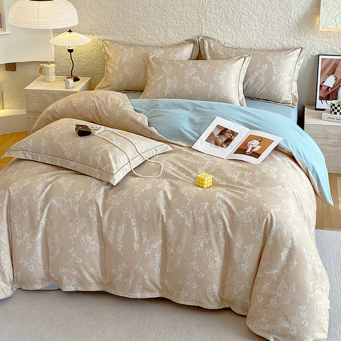 91家纺网 家纺一手货源 找家纺 梧桐树 2025新款全棉100%棉磨毛花卉简约系列四件套 蝴蝶-咖