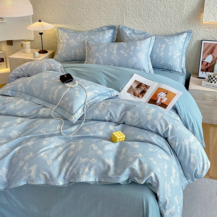 91家纺网 家纺一手货源 找家纺 梧桐树 2025新款全棉100%棉磨毛花卉简约系列四件套 蝴蝶-兰