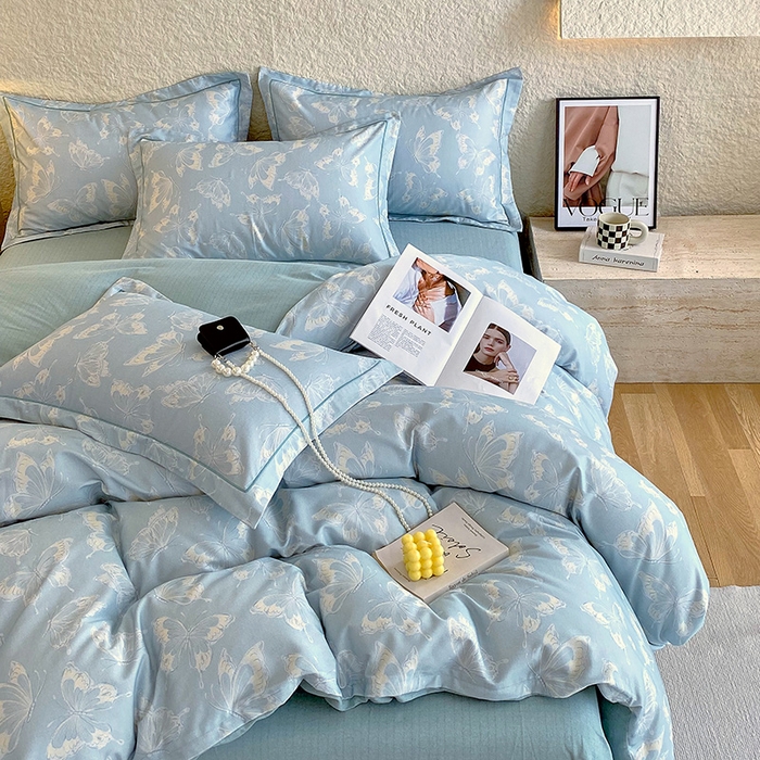 91家纺网 家纺一手货源 找家纺 梧桐树 2025新款全棉100%棉磨毛花卉简约系列四件套 蝴蝶-兰