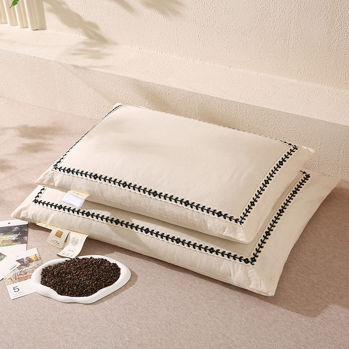 91家纺网 家纺一手货源 找家纺 （总）蔻眠 山屿清梦棉麻刺绣荞麦护颈枕芯亚麻全荞麦壳成人枕头