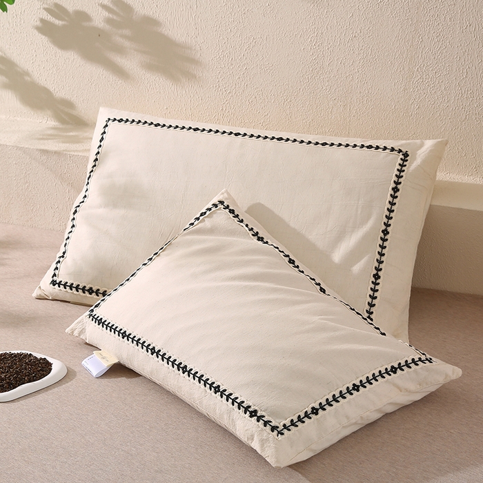 91家纺网 家纺一手货源 找家纺 （总）蔻眠 山屿清梦棉麻刺绣荞麦护颈枕芯亚麻全荞麦壳成人枕头