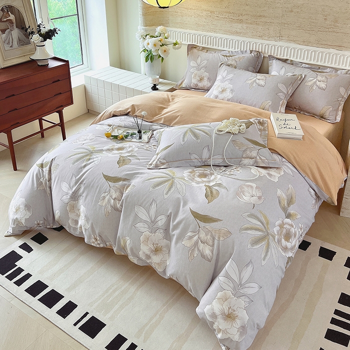 91家纺网 家纺一手货源 找家纺 梧桐树 2025新款全棉100%棉磨毛花卉简约系列四件套 林夕灰