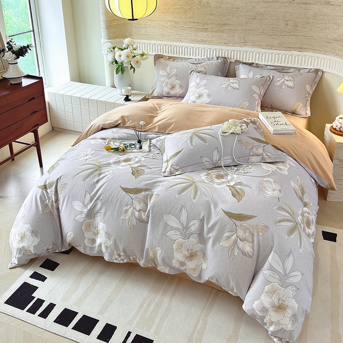 91家纺网 家纺一手货源 找家纺 梧桐树 2025新款全棉100%棉磨毛花卉简约系列四件套 林夕灰