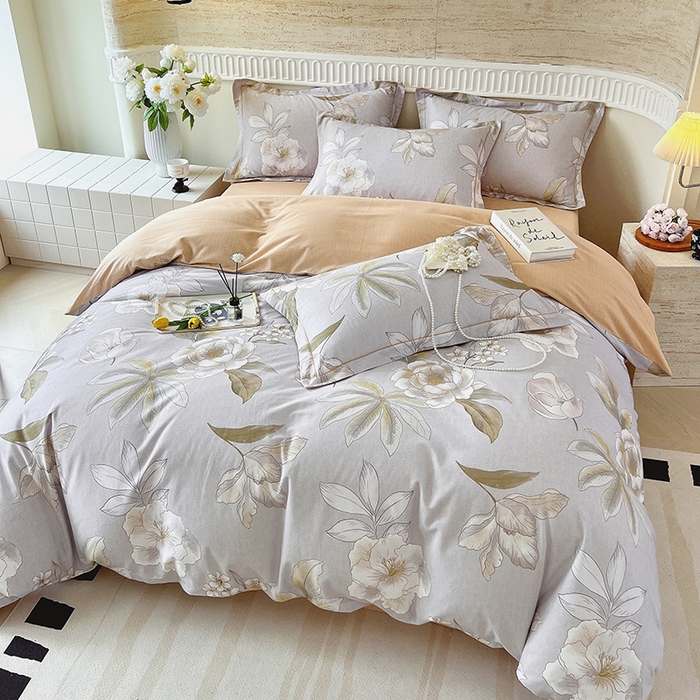 91家纺网 家纺一手货源 找家纺 梧桐树 2025新款全棉100%棉磨毛花卉简约系列四件套 林夕灰